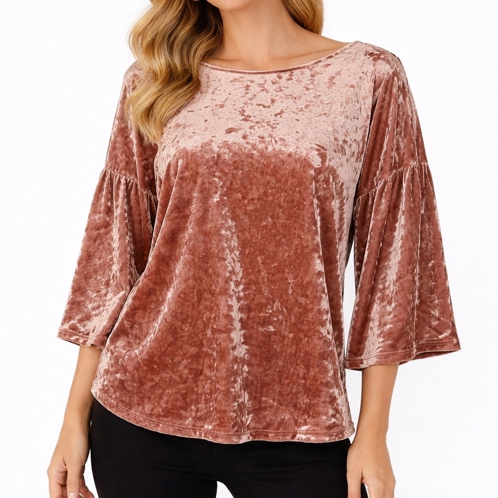 BOBEAU Crushed Velvet Blush Pink Boat Neck Bell Sleeve Top
